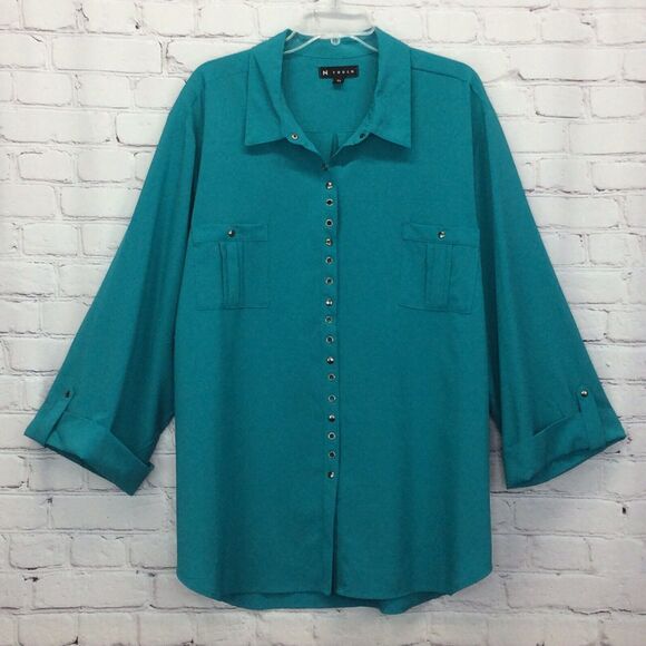 N Touch Tunic Woman’s Plus Sz 3X Teal Sky Snap Up Front Roll Tab Sleeves Casual - Picture 1 of 9